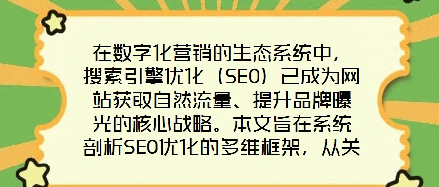 在數(shù)字化營銷的生態(tài)系統(tǒng)中，搜索引擎優(yōu)化（SEO）已成為網(wǎng)站獲取自然流量、提升品牌曝光的核心戰(zhàn)略。本文旨在系統(tǒng)剖析SEO優(yōu)化的多維框架，從關(guān)鍵詞策略、內(nèi)容生態(tài)、外