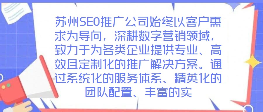 蘇州SEO推廣公司始終以客戶需求為導(dǎo)向，深耕數(shù)字營銷領(lǐng)域，致力于為各類企業(yè)提供專業(yè)、高效且定制化的推廣解決方案。通過系統(tǒng)化的服務(wù)體系、精英化的團隊配置、豐富的實